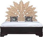 Hand Carved Big Palm Leaf King Size Bed Headboard Bed Head Whitewash